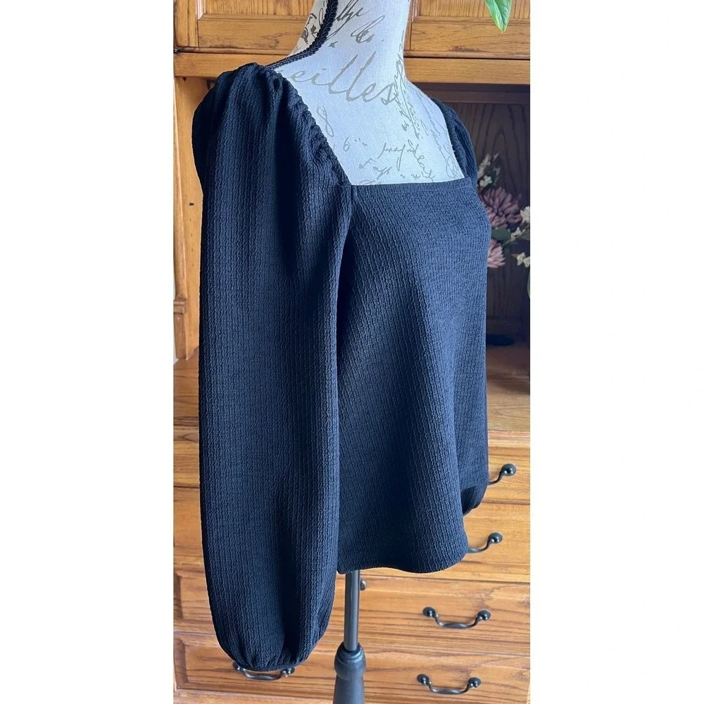 Madewell Black Textured Crepe Square Neck Puff Sleeve Blouse‎ Top Medium